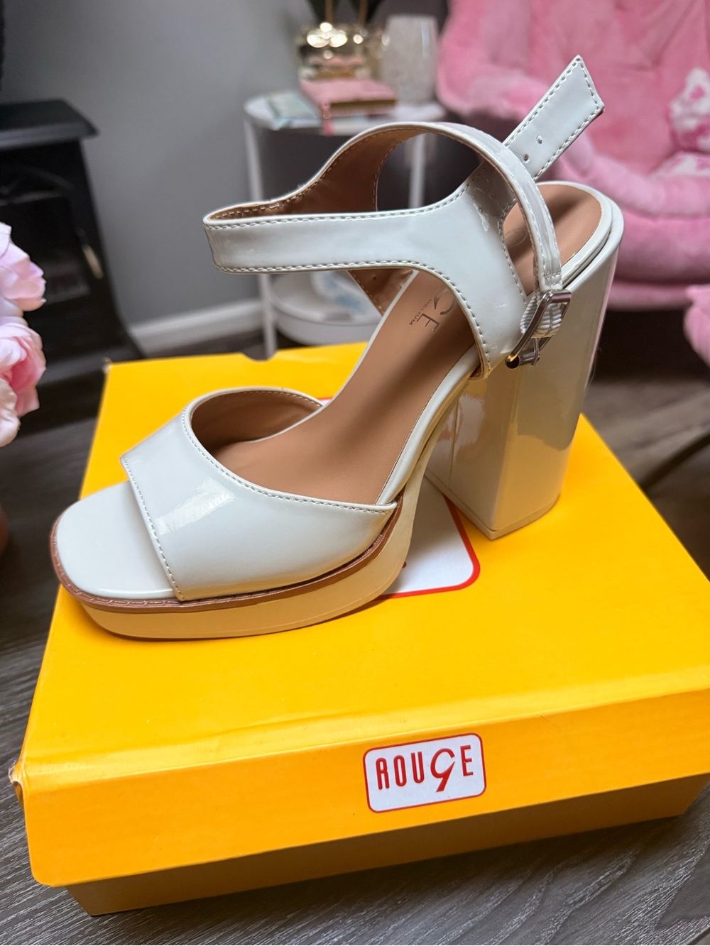 Rouge! Cream Patent Platform Block Heel Sandals